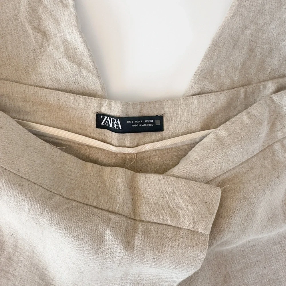 Zara‎ Linen-Blend Wrap Front Wide-Leg Pants – Neutral Beige, Size L